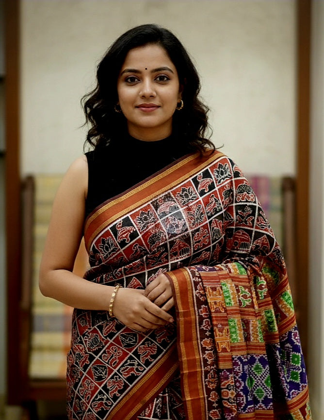 Black Maroon Nabakothi Design Khandua Silk Saree