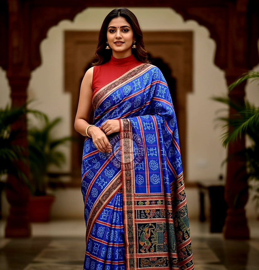 Blue Red Nabakothi Design Khandua Silk Saree