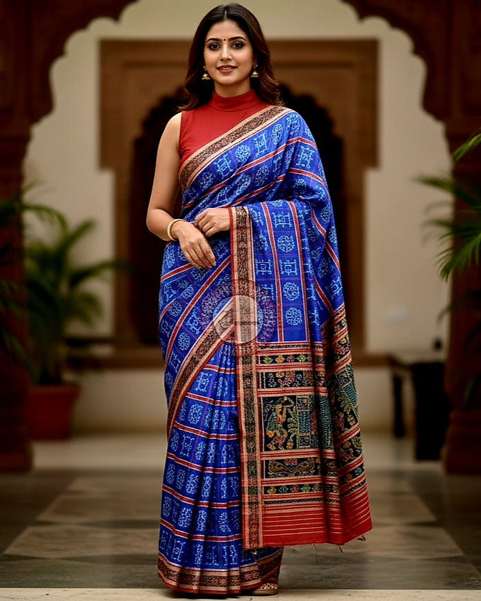 Blue Red Nabakothi Design Khandua Silk Saree