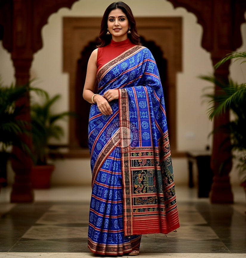 Blue Red Nabakothi Design Khandua Silk Saree