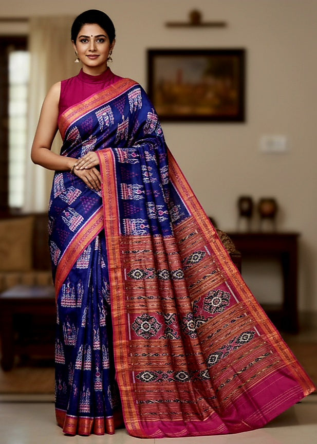 Blue Magenta Tribal And Chita Design Khandua Silk Saree