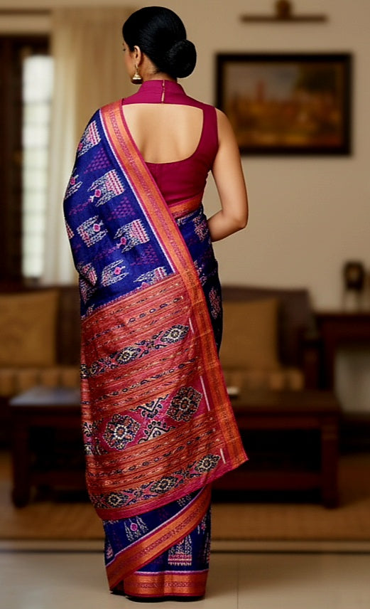 Blue Magenta Tribal And Chita Design Khandua Silk Saree