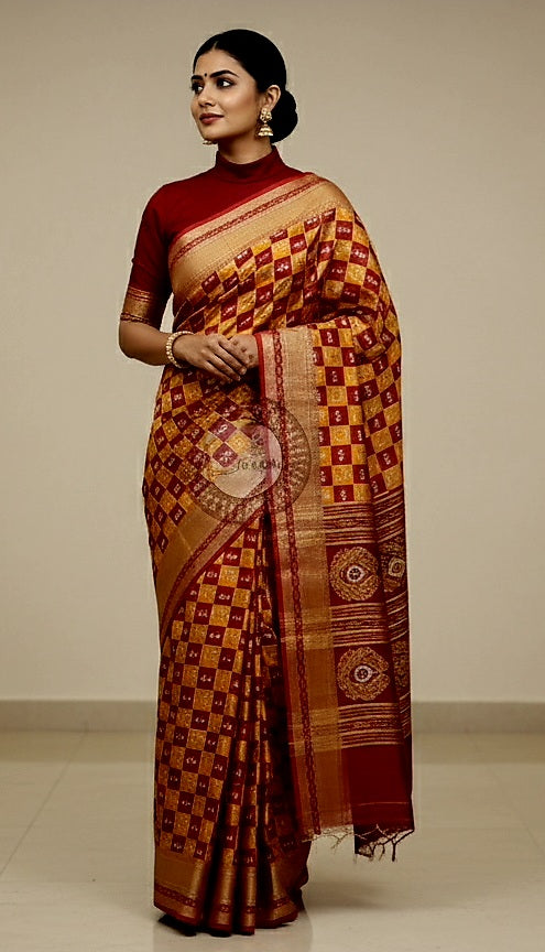 Yellow Maroon Tribal Design Khandua Silk Saree