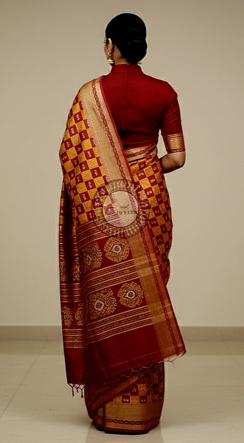 Yellow Maroon Tribal Design Khandua Silk Saree