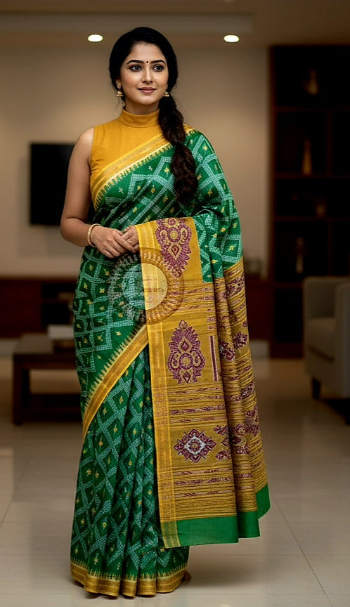 Green Yellow Tarabali Design Khandua Silk Saree