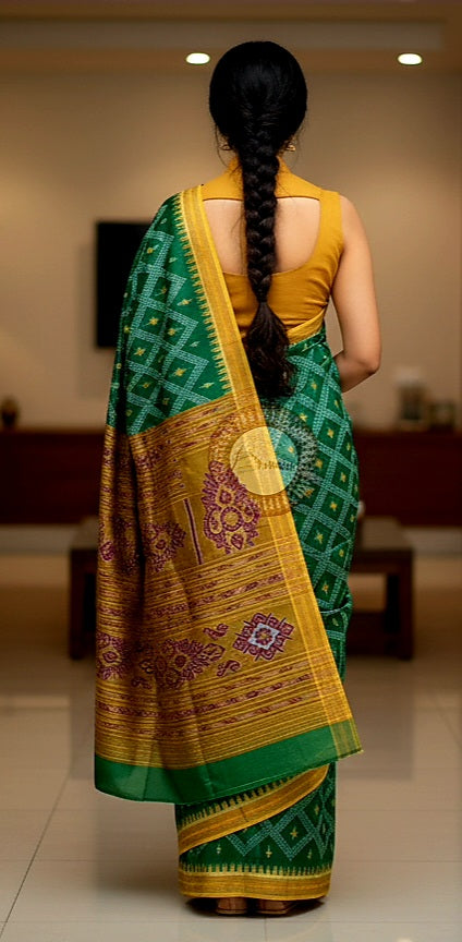 Green Yellow Tarabali Design Khandua Silk Saree