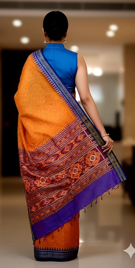 Orange Blue Mayur Chandrika Design Khandua Silk Saree