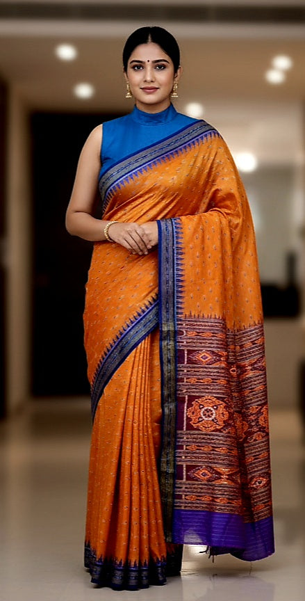 Orange Blue Mayur Chandrika Design Khandua Silk Saree