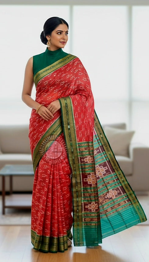 Red Green Tribal Design Khandua Silk Saree