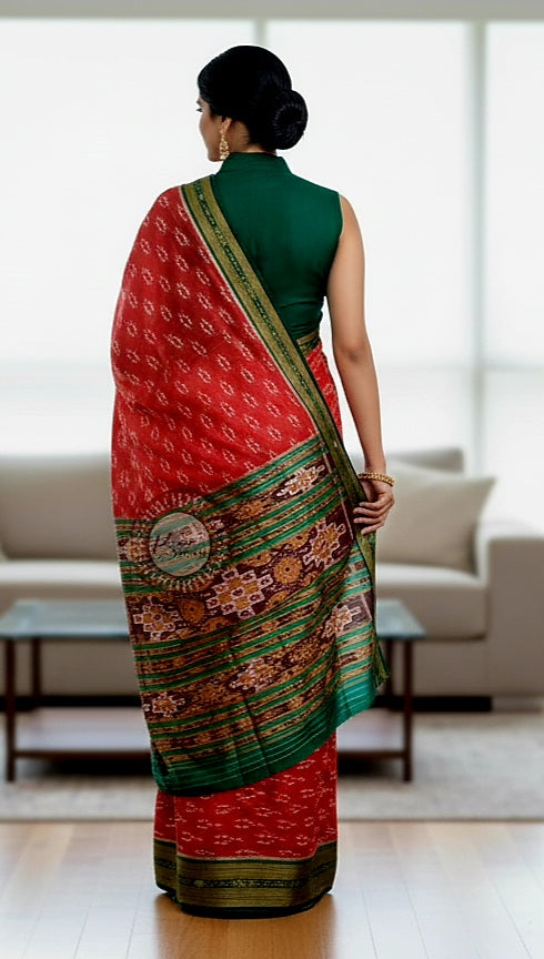 Red Green Tribal Design Khandua Silk Saree
