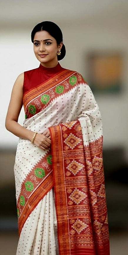 White Red Scot Laxmi Pada Flower Design Khandua Silk Saree