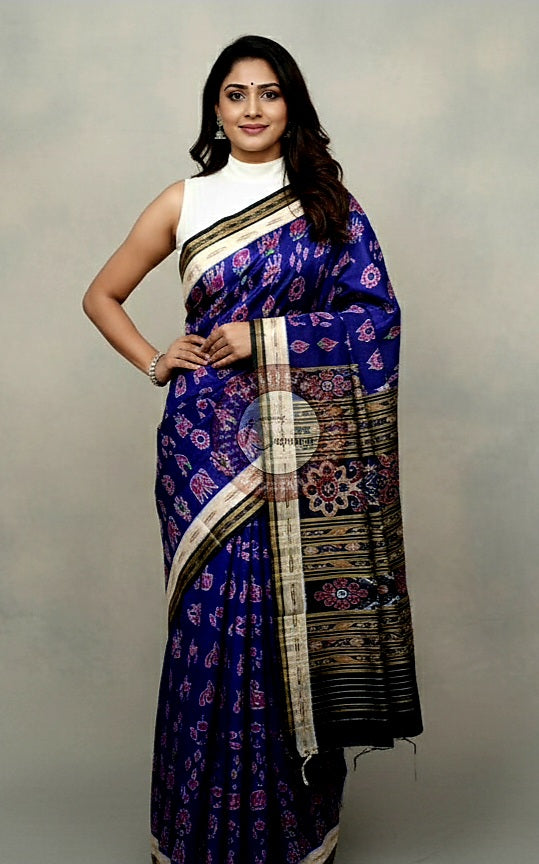Blue White Black Nabakothi Design Khandua Silk Saree