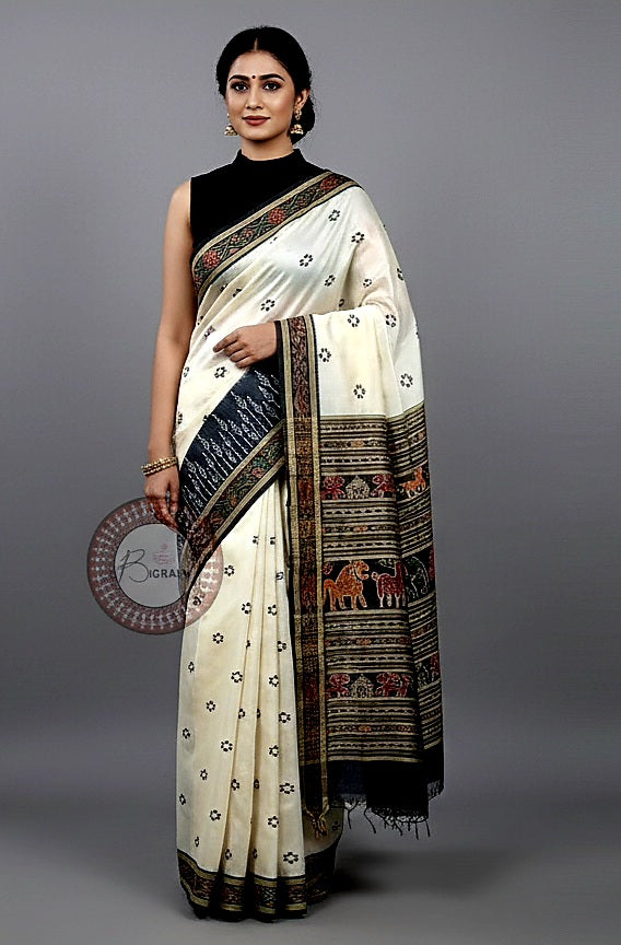White Black Scot Tree Design Khandua Silk Saree