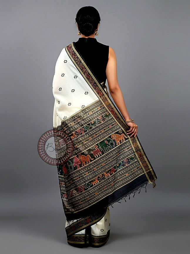 White Black Scot Tree Design Khandua Silk Saree