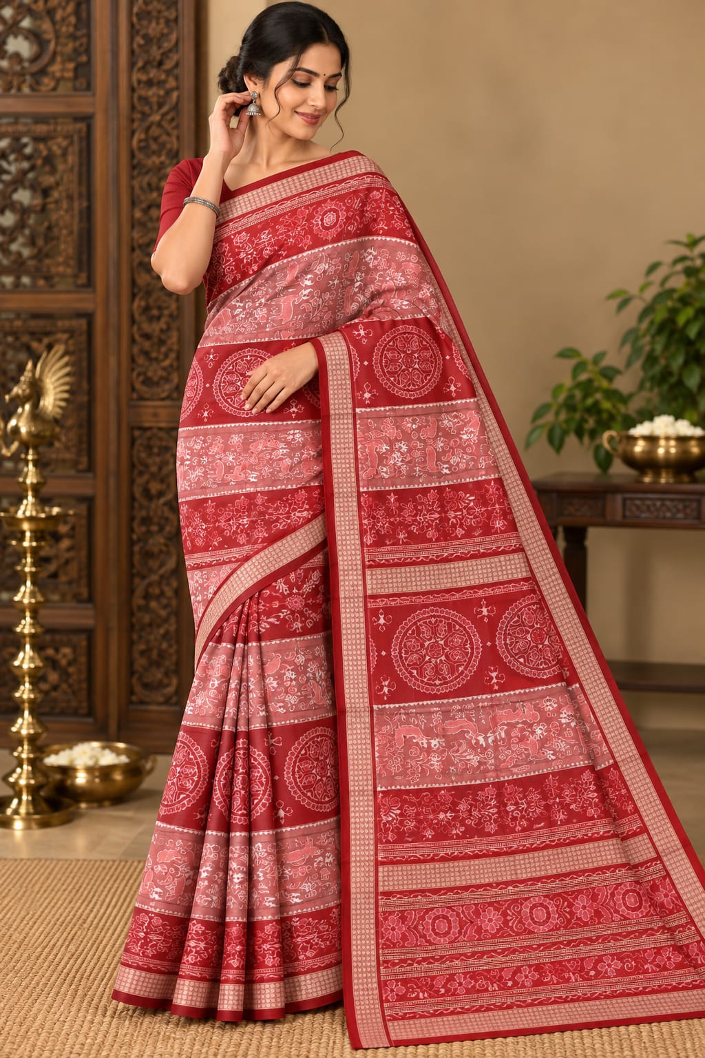 Peach Red Animal Design Sambalpuri Silk Saree