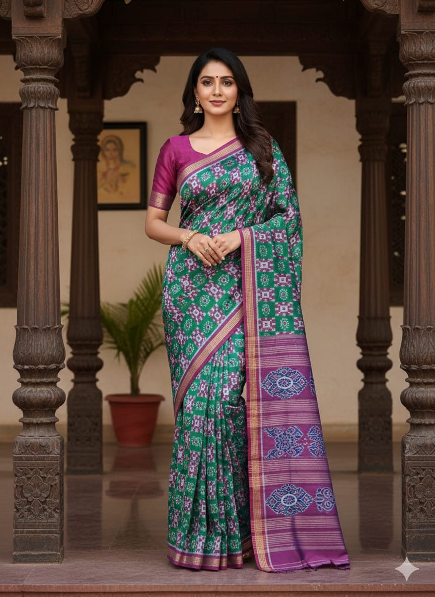 Green Magenta Pasapali With Flower Design Mulberry Silk Saree