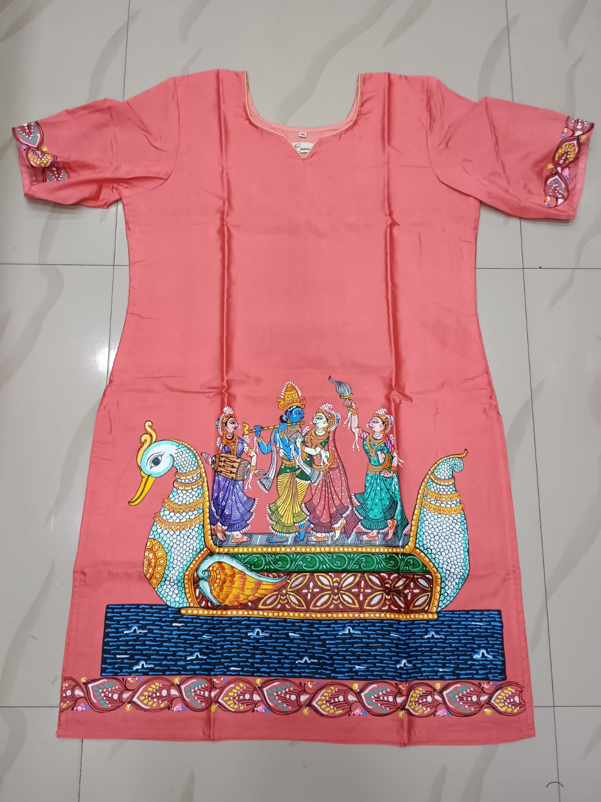 Peach Nabakeli Boita Theme Odisha Hand Painted Pattachitra Khadi Silk Kurti