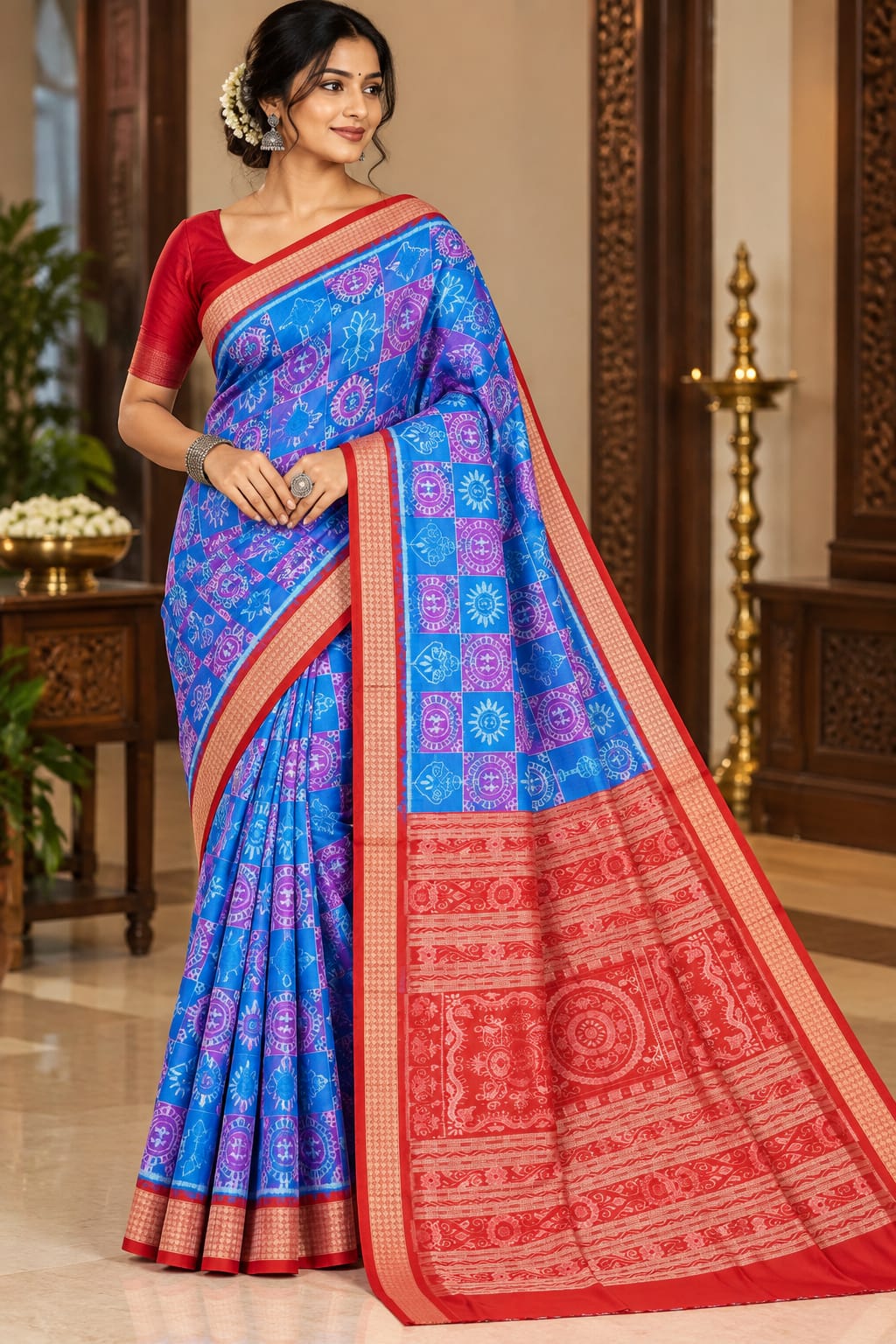 Blue Maroon Traditional Motive Design Sambalpuri Silk Saree