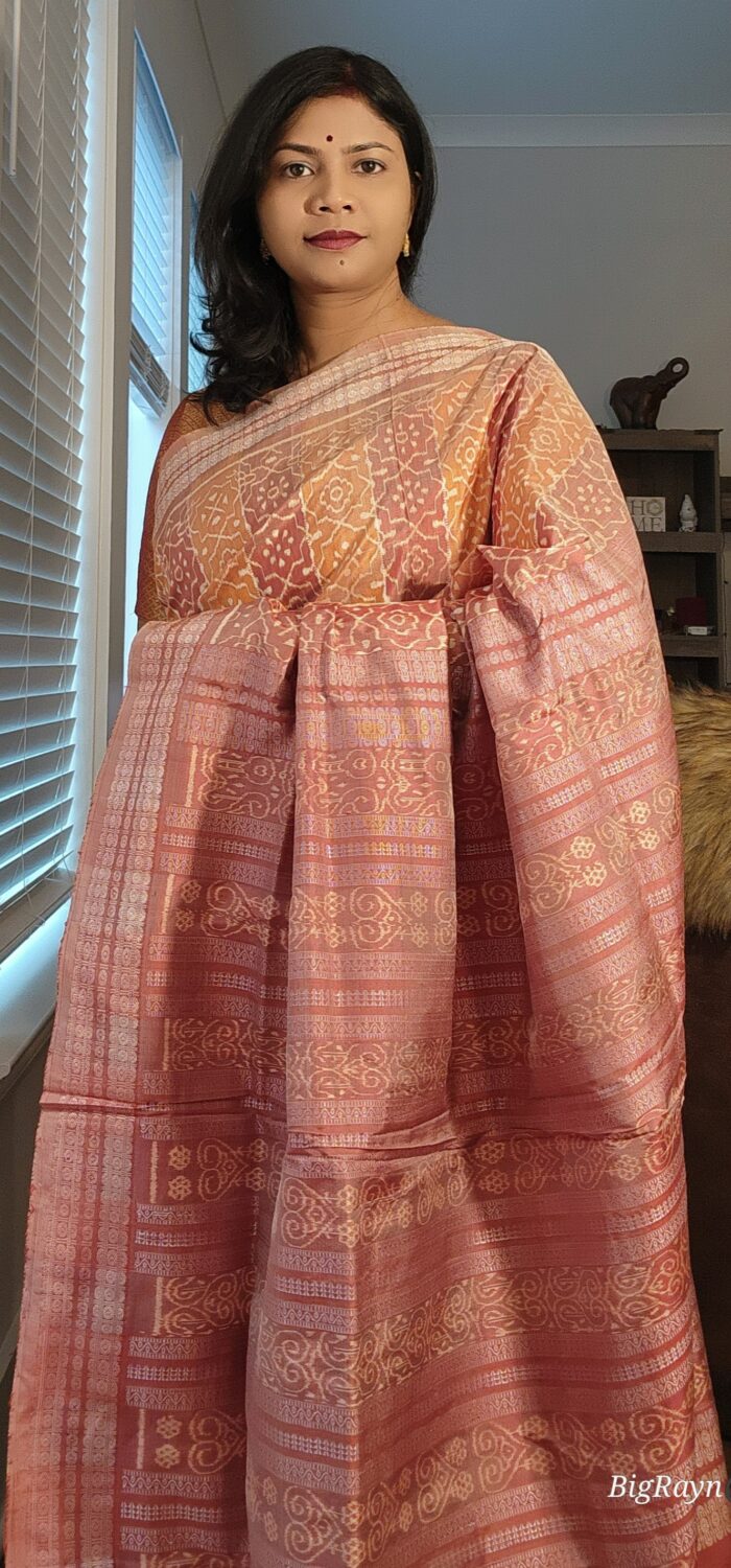 Rust True Pink Scot Flower Design Natural Dye Sambalpuri Silk Saree
