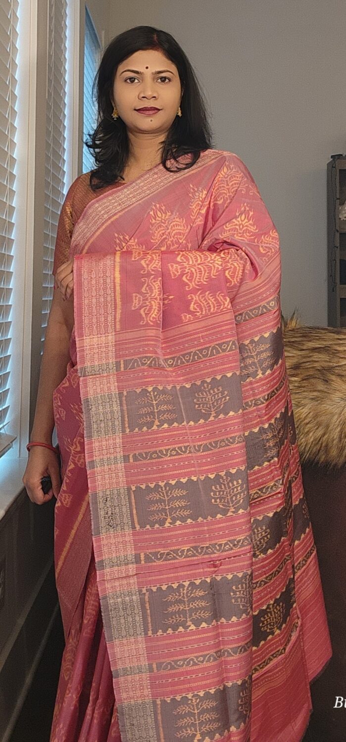 Onion Pink Tree Natural Dye Sambalpuri Silk Saree