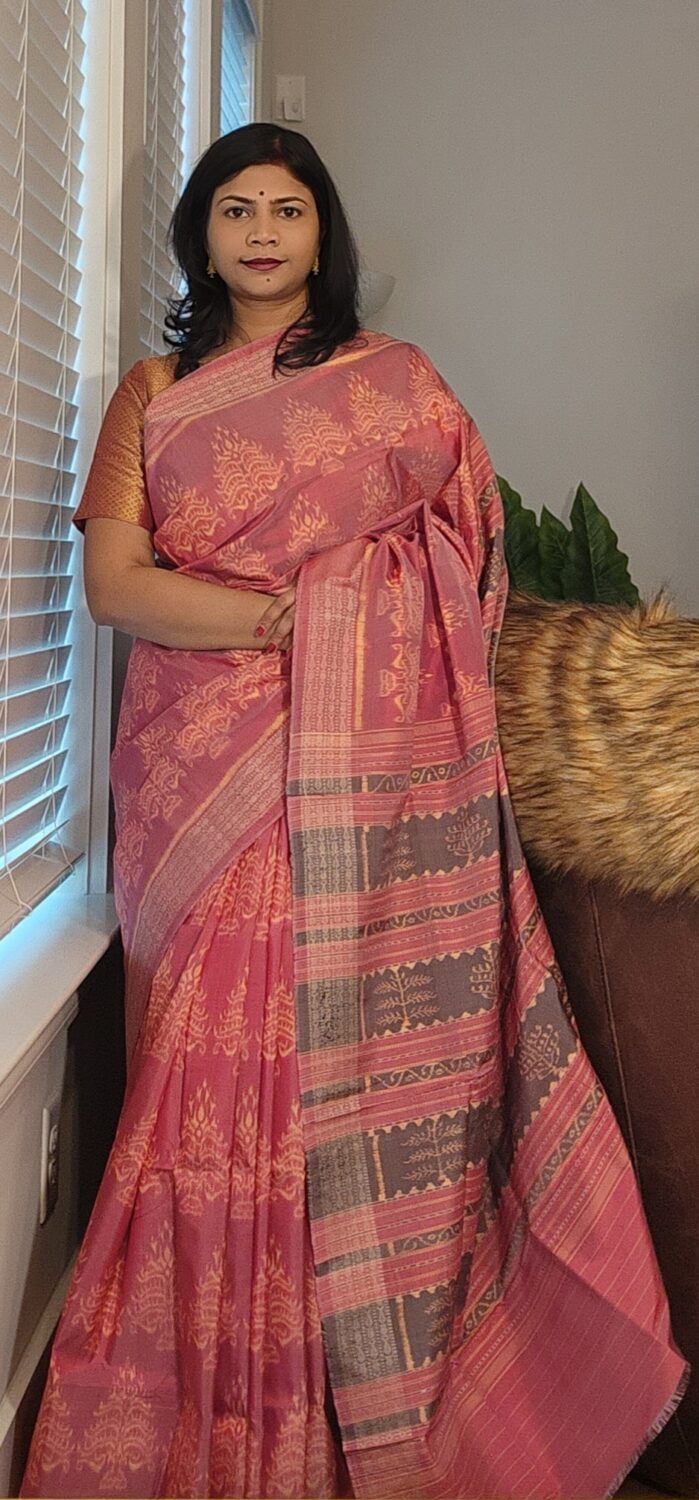 Onion Pink Tree Natural Dye Sambalpuri Silk Saree