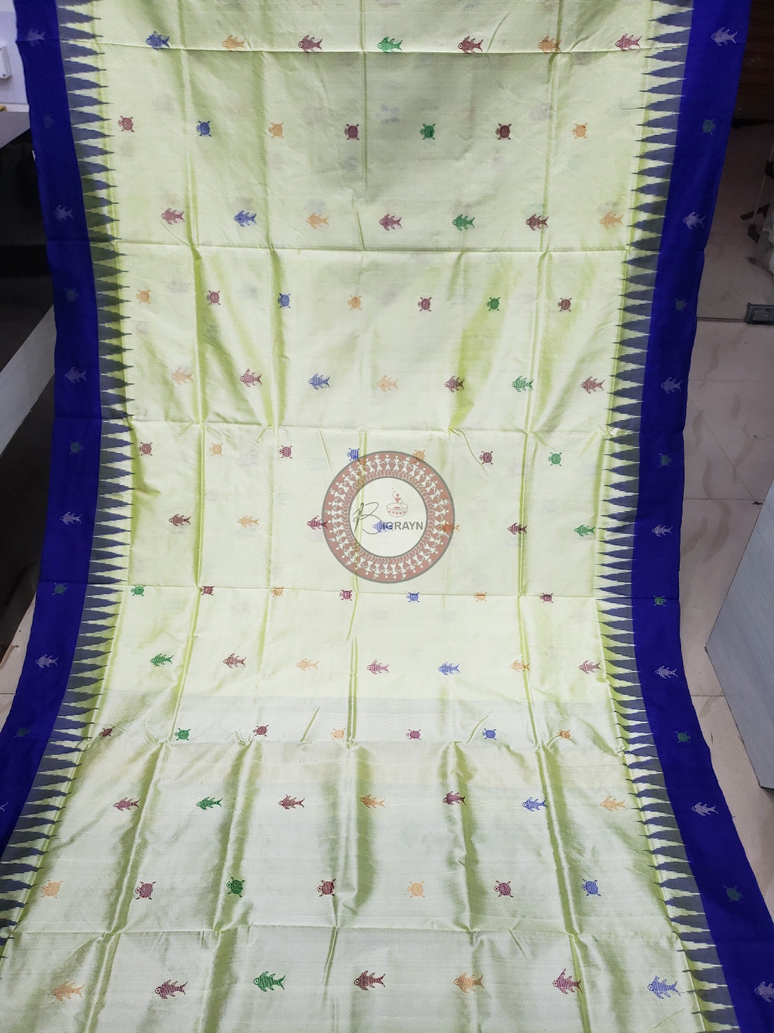"Pista Blue Matsya Kachhap Bomkai Silk Saree: Timeless Elegance and Vibrant Hues"