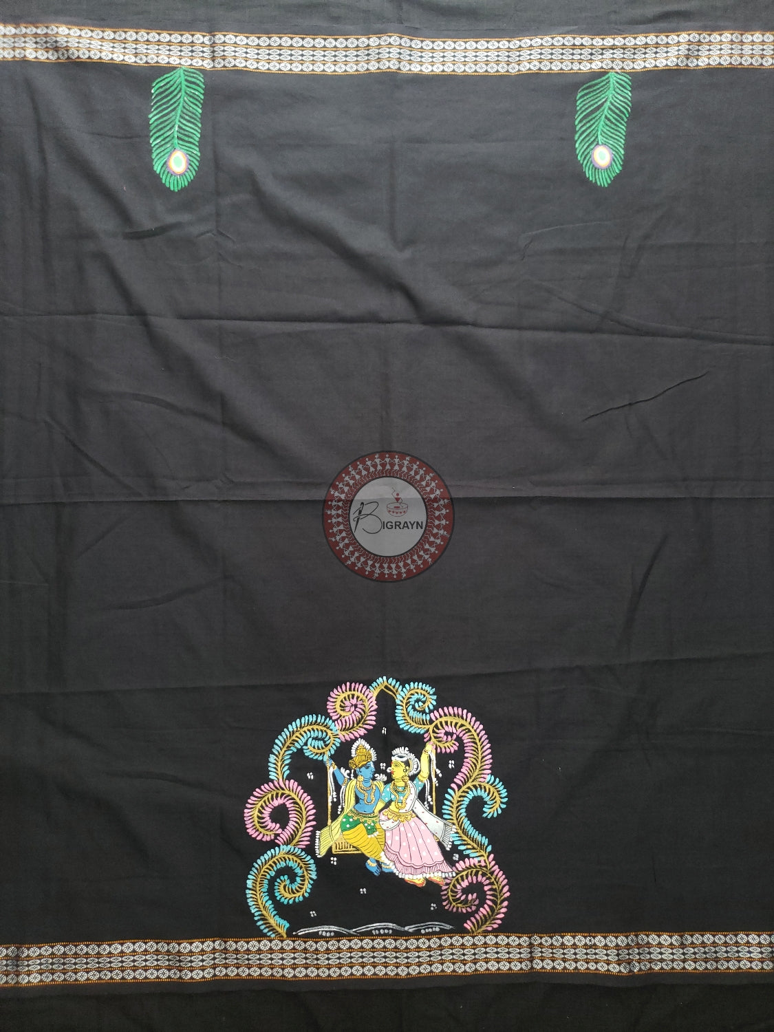 Black Radha Krishna Doli Pattachitra Cotton Blouse Piece