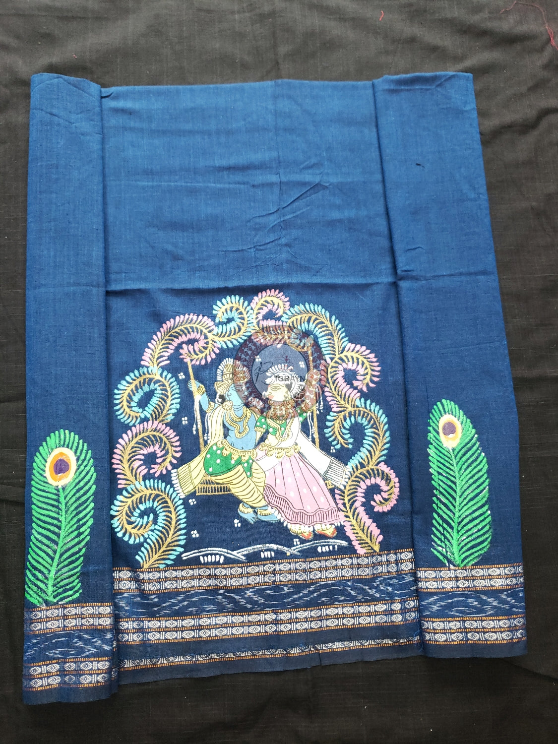 Teal Blue Radha Krishna Doli Pattachitra Cotton Blouse Piece