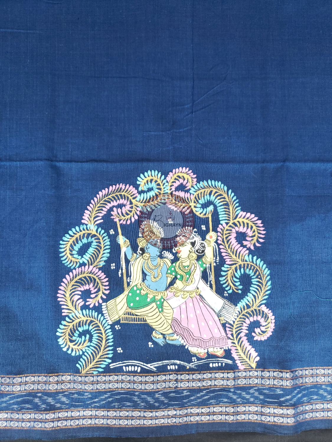 Teal Blue Radha Krishna Doli Pattachitra Cotton Blouse Piece