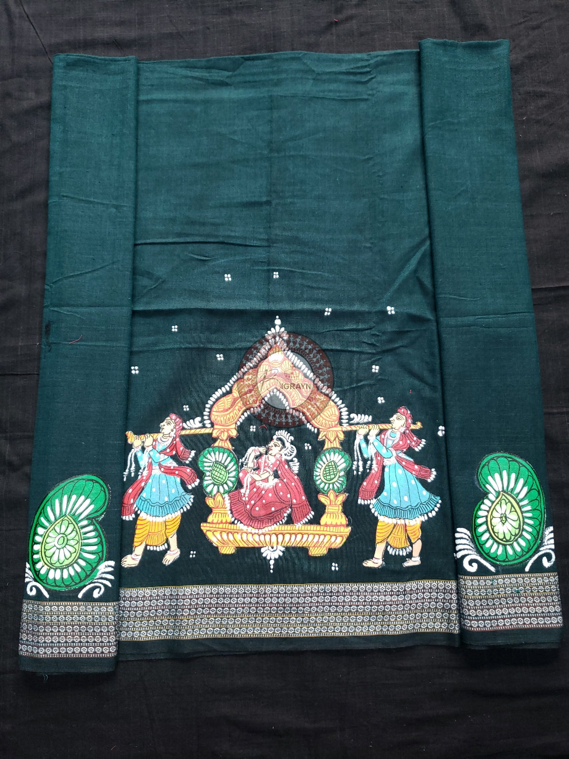 Bottle Green Marriage Theme Pattachitra Cotton Blouse Piece