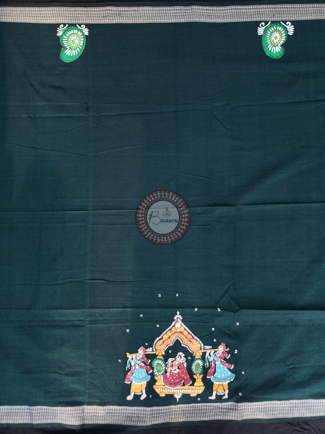 Bottle Green Marriage Theme Pattachitra Cotton Blouse Piece