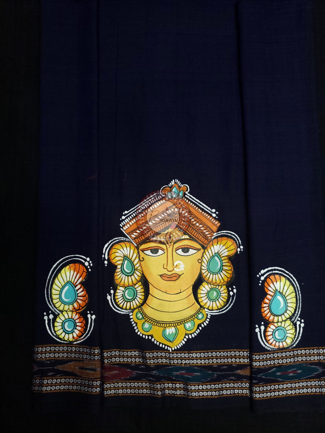 Navy Blue Maa Durga Theme Pattachitra Cotton Blouse Piece
