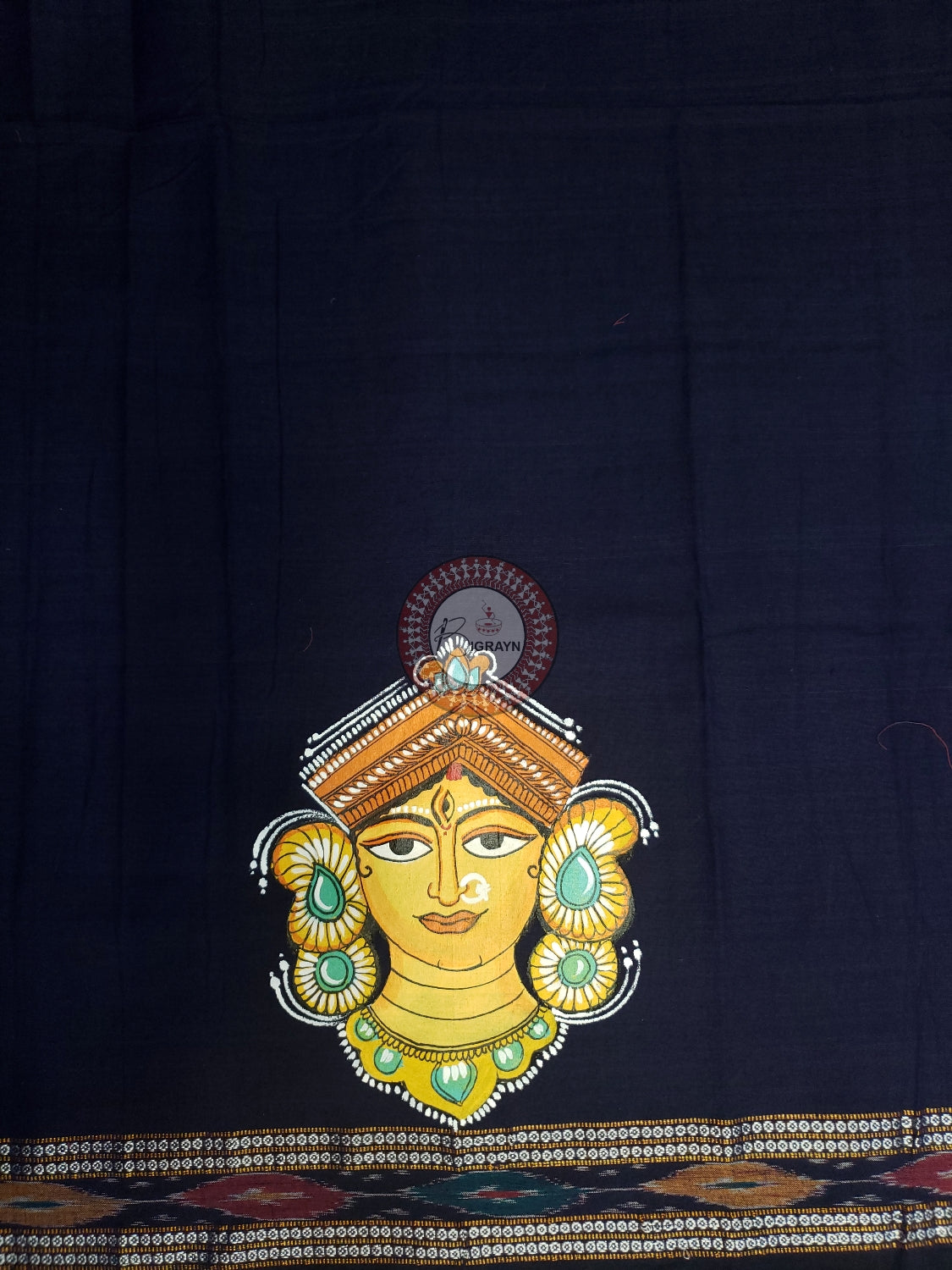Navy Blue Maa Durga Theme Pattachitra Cotton Blouse Piece