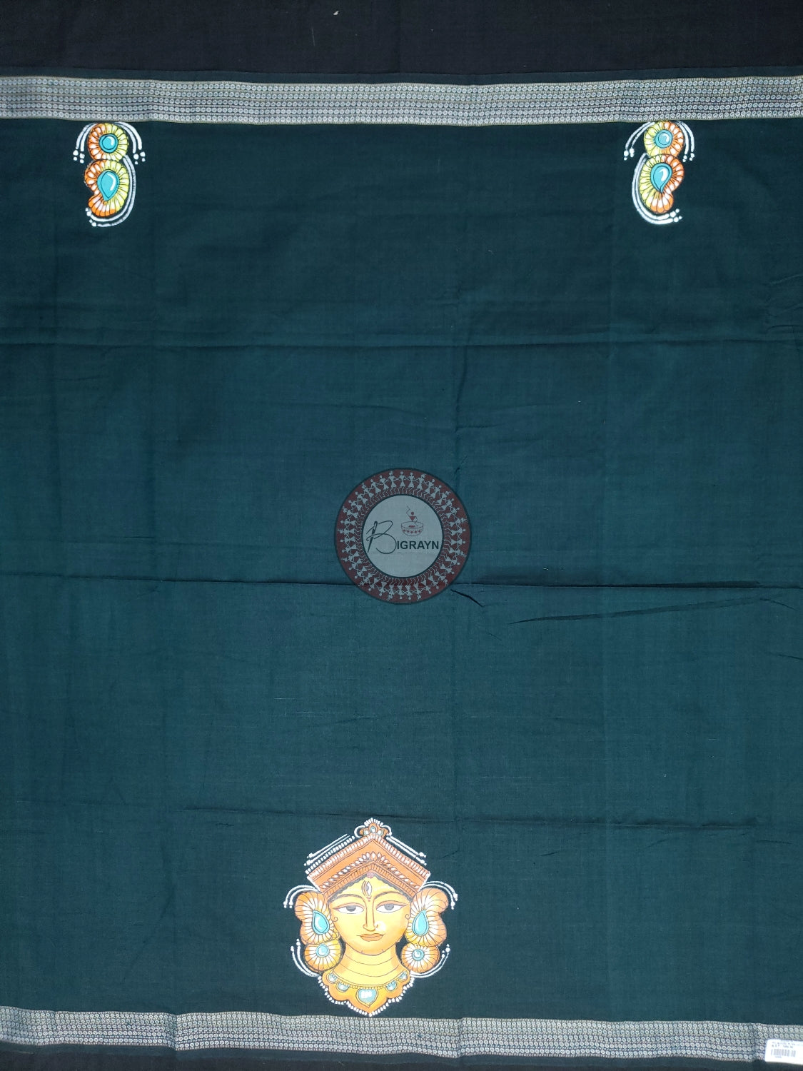 Bottle Green Maa Durga Theme Pattachitra Cotton Blouse Piece
