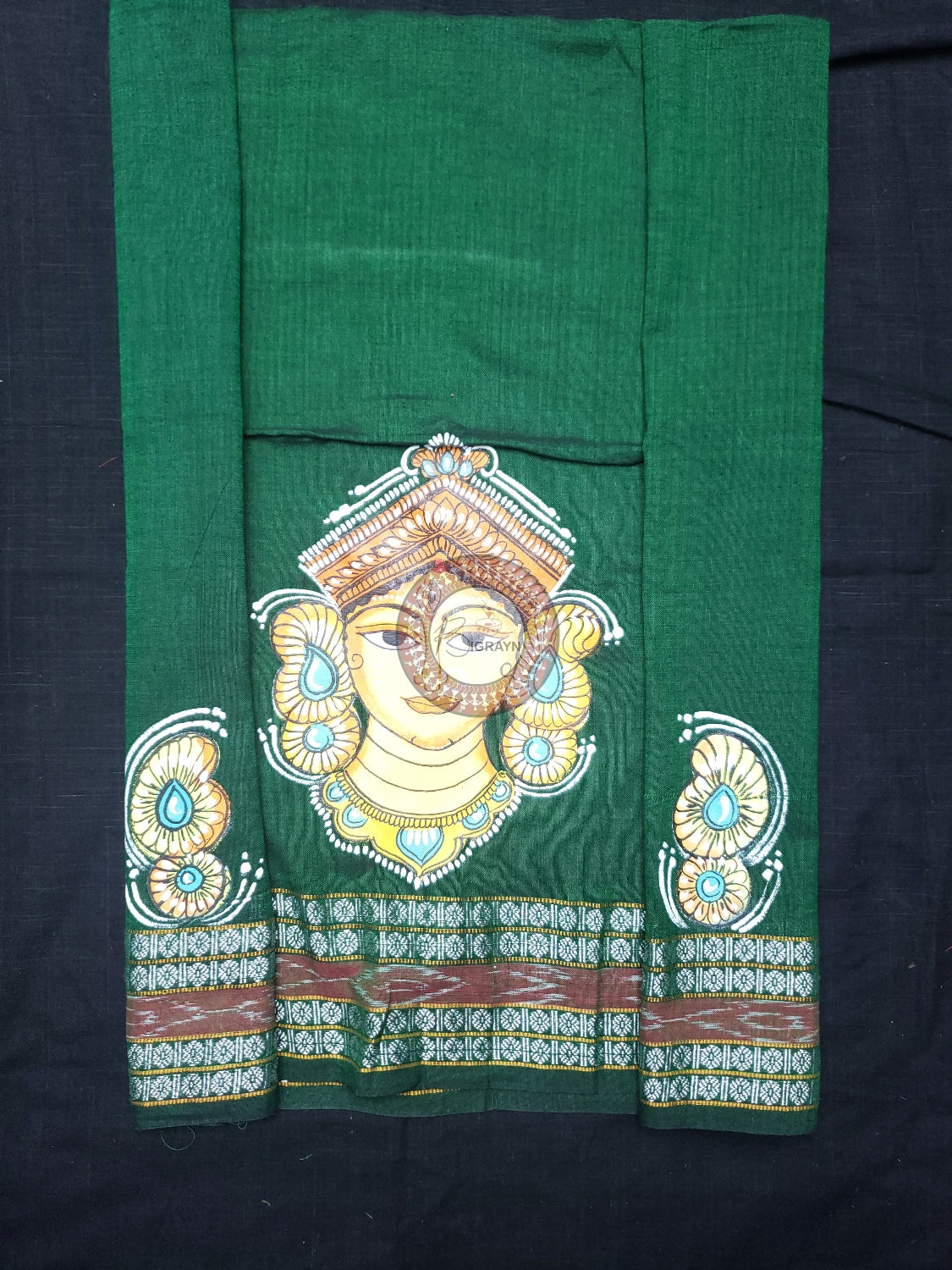 Green Maa Durga Theme Pattachitra Cotton Blouse Piece