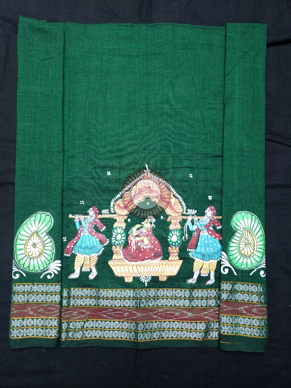 Green Marriage Theme Pattachitra Cotton Blouse Piece