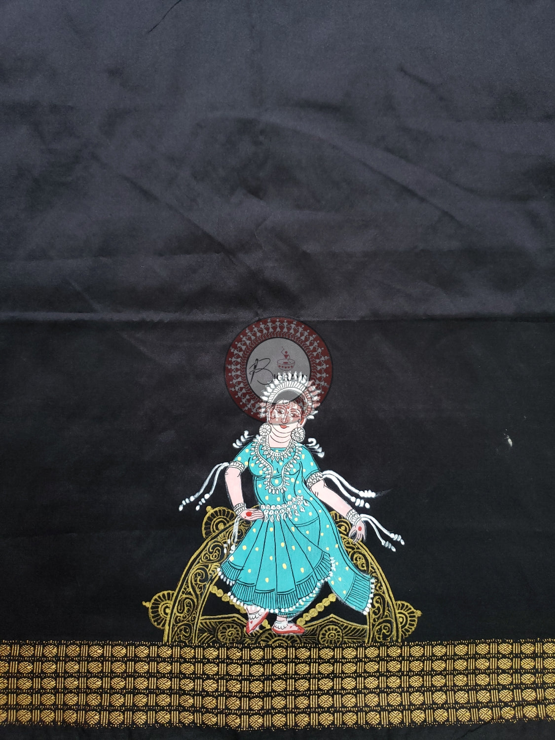 Black Half Konark And Nartaki Theme Pattachitra Silk Blouse Piece