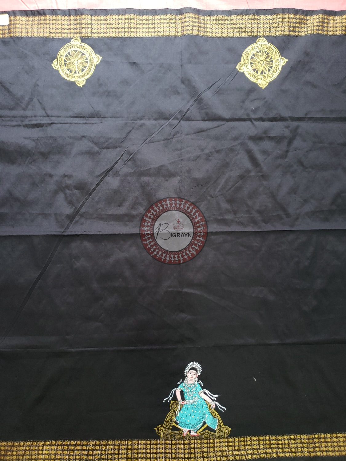 Black Half Konark And Nartaki Theme Pattachitra Silk Blouse Piece
