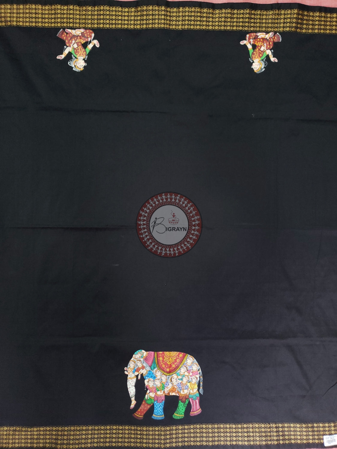 Black Kandrap Hasti Theme Pattachitra Silk Blouse Piece