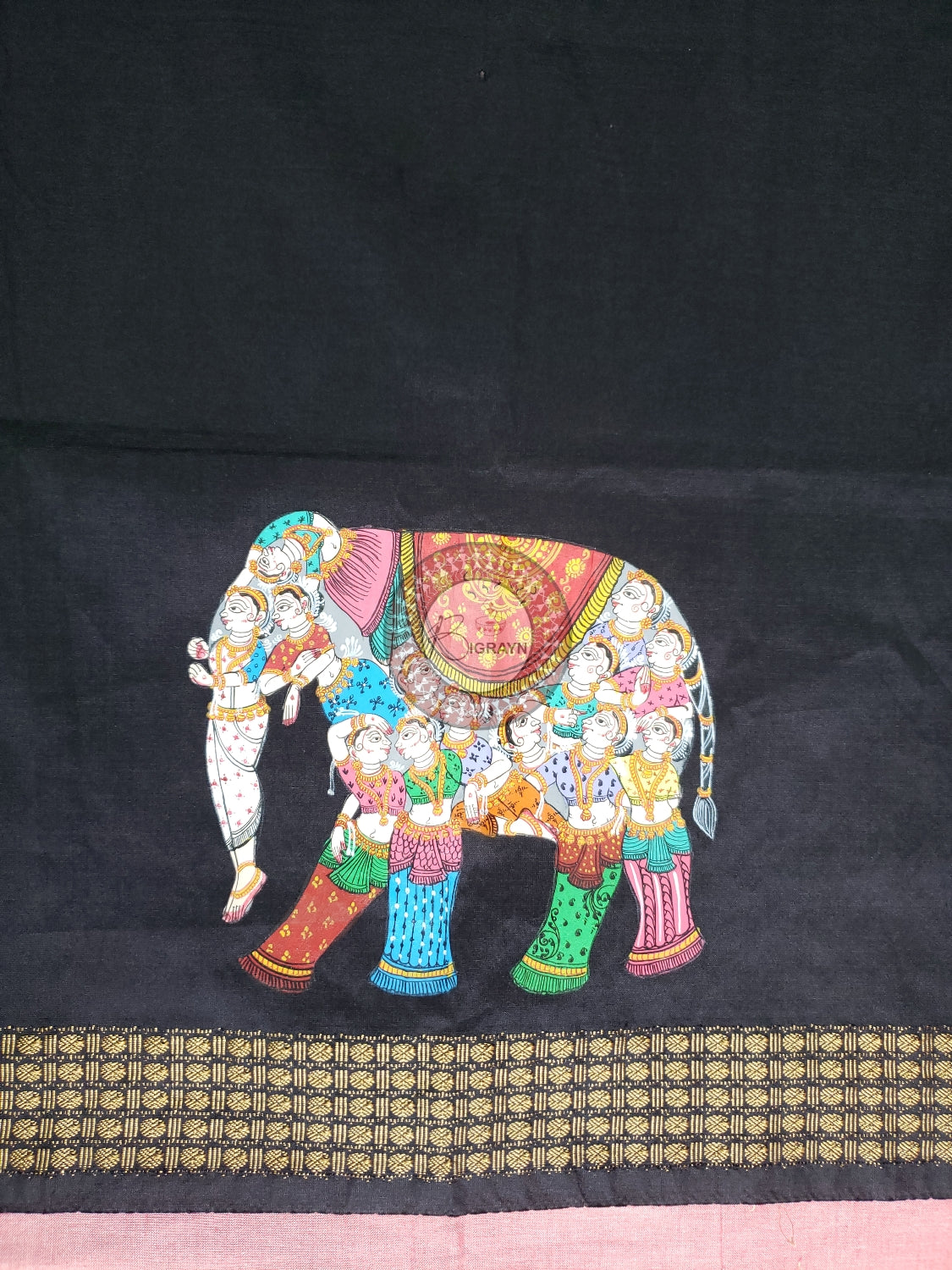 Black Kandrap Hasti Theme Pattachitra Silk Blouse Piece