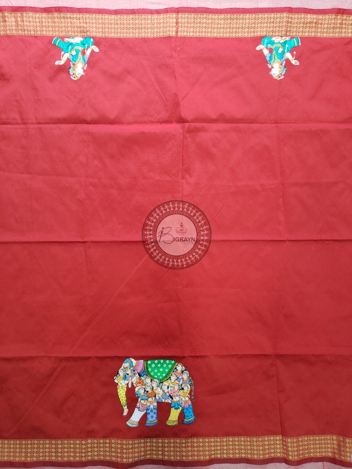Red Kandrap Hasti Theme Pattachitra Silk Blouse Piece