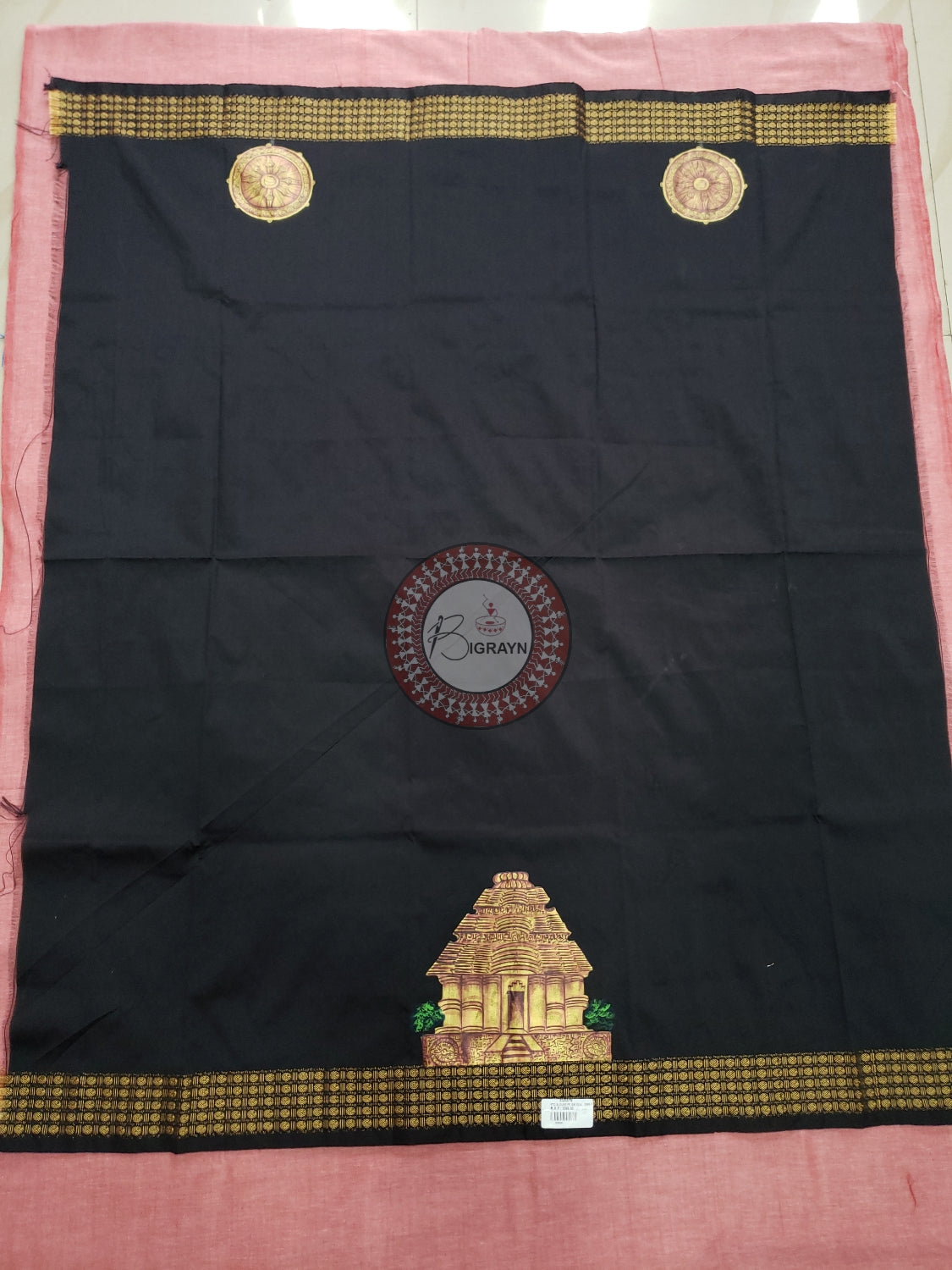 Black Konark Temple And Wheel Theme Pattachitra Silk Blouse Piece