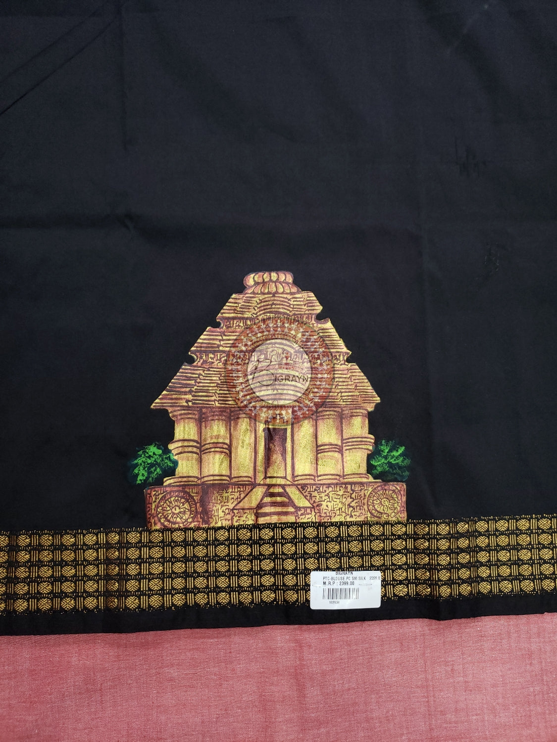 Black Konark Temple And Wheel Theme Pattachitra Silk Blouse Piece