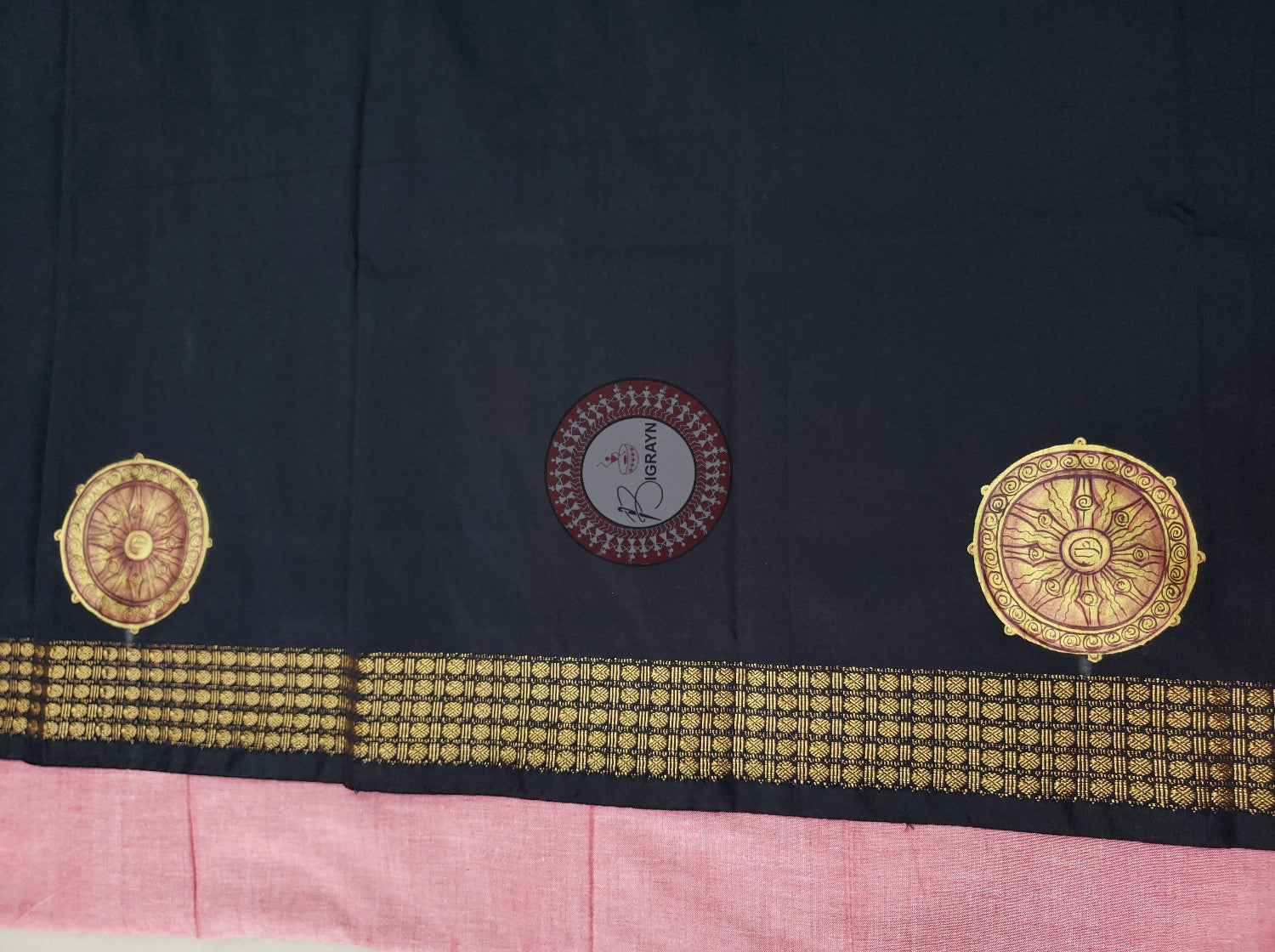 Black Konark Temple And Wheel Theme Pattachitra Silk Blouse Piece