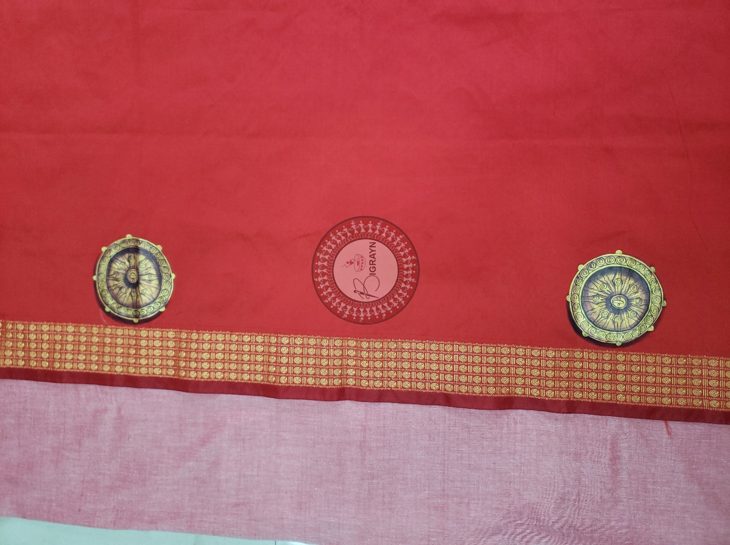 Red Konark Temple And Wheel Theme Pattachitra Silk Blouse Piece