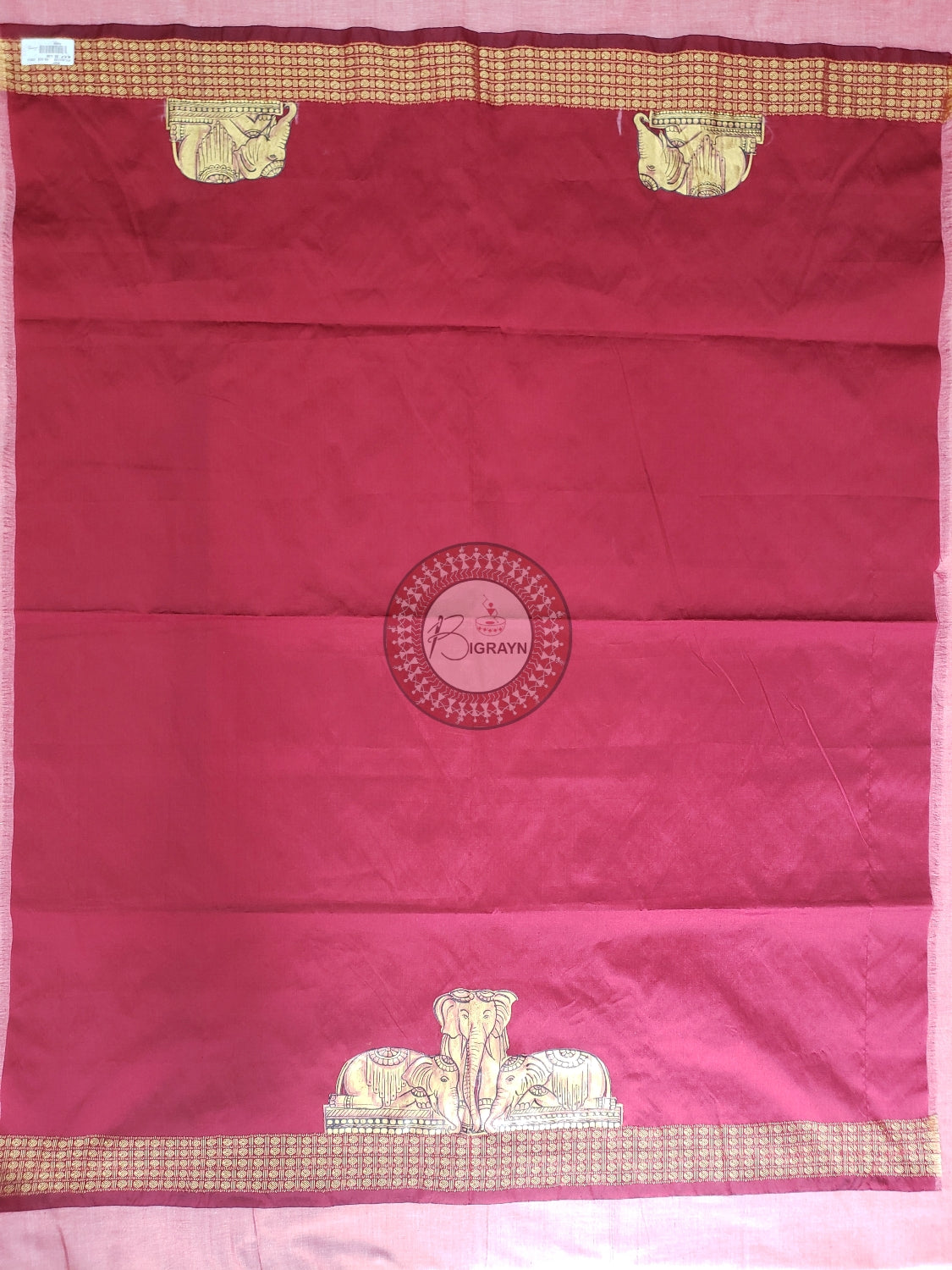 Maroon Elephant Golden Work Theme Pattachitra Silk Blouse Piece