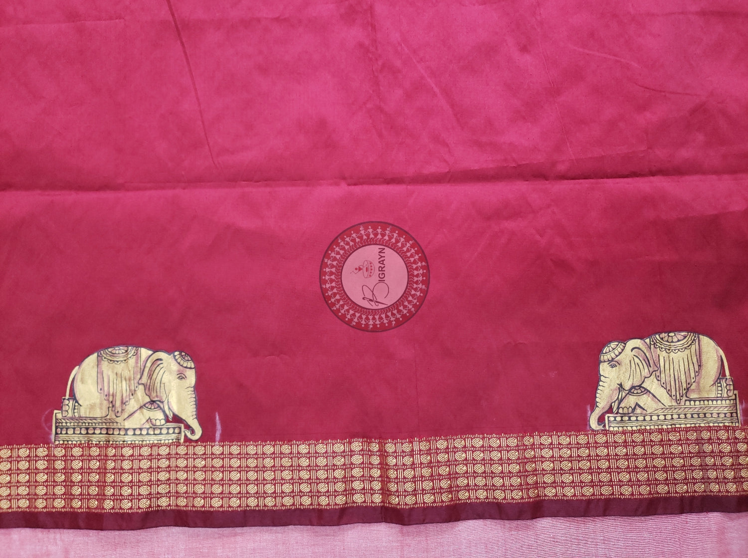 Maroon Elephant Golden Work Theme Pattachitra Silk Blouse Piece
