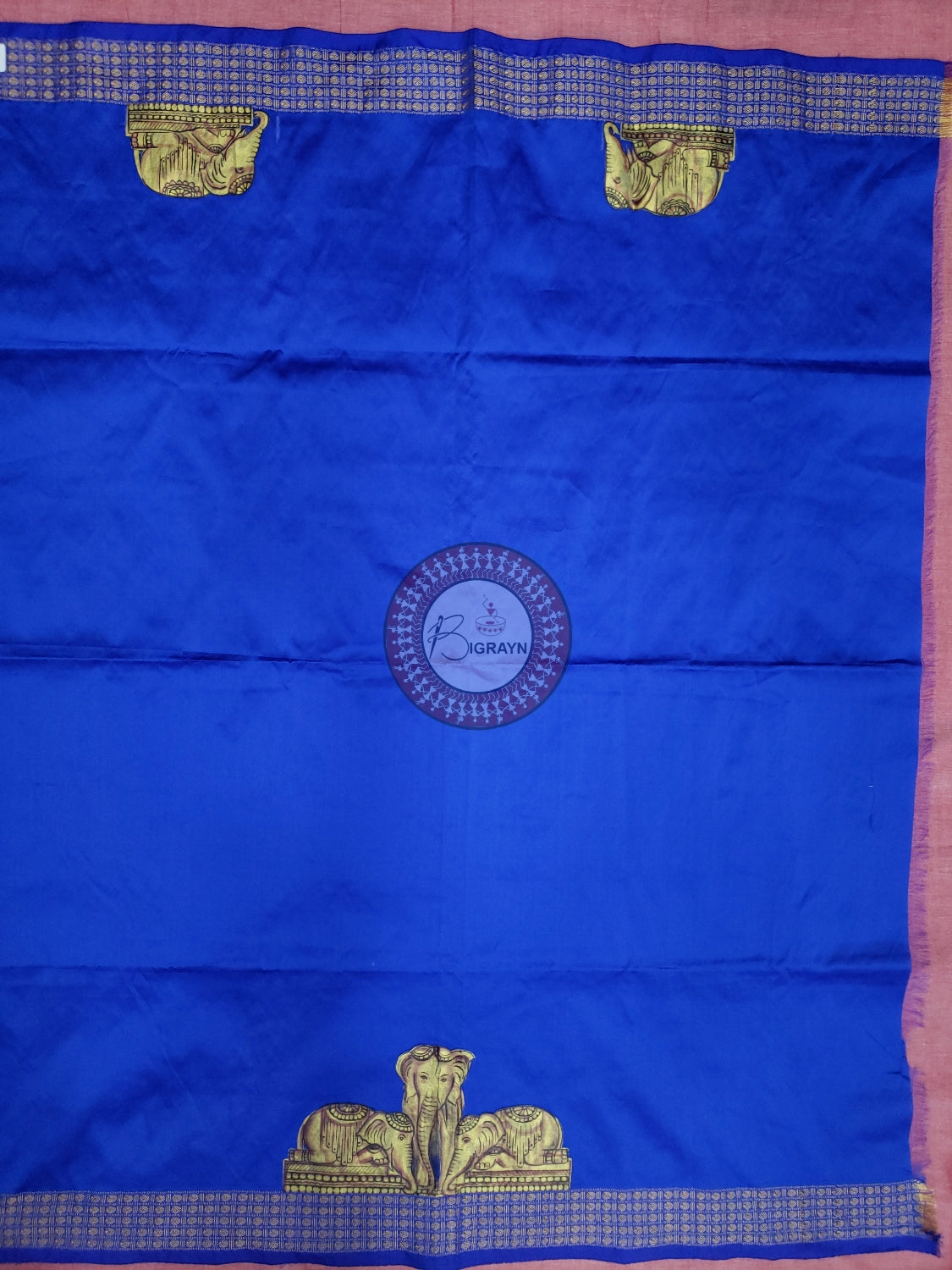 Blue Golden Work Elephant Theme Pattachitra Silk Blouse Piece