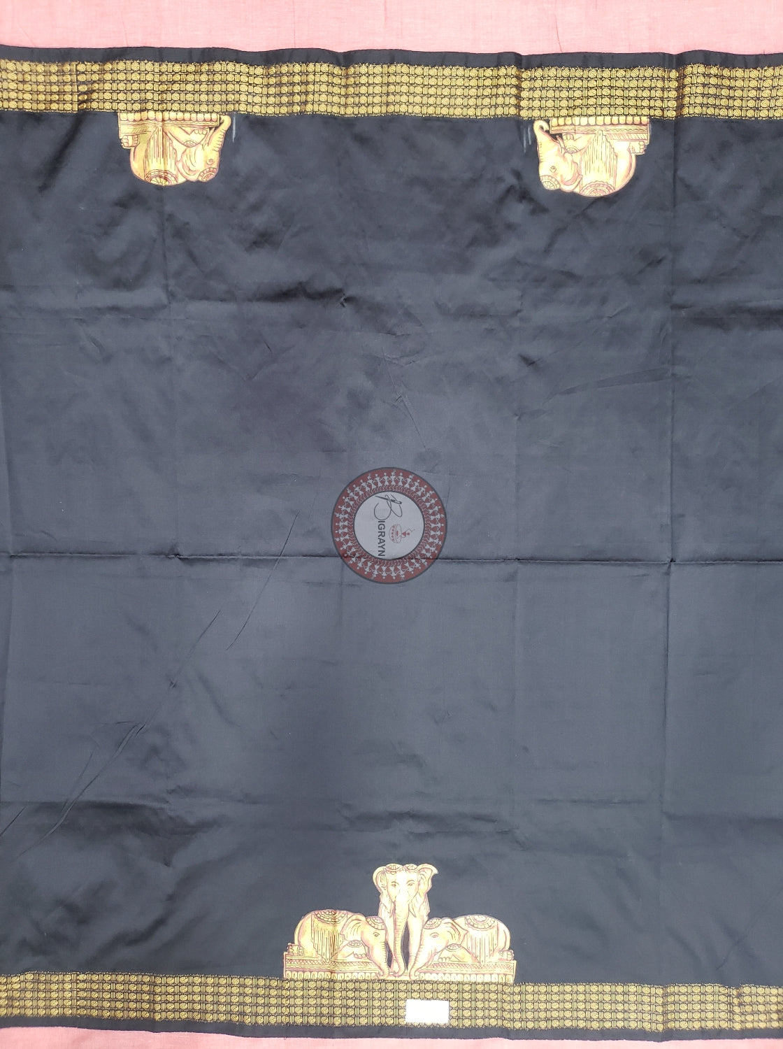Black Golden Work Elephant Theme Pattachitra Silk Blouse Piece