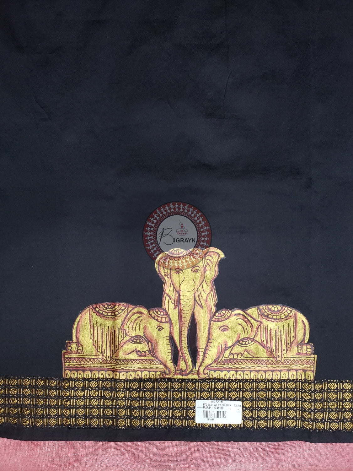 Black Golden Work Elephant Theme Pattachitra Silk Blouse Piece